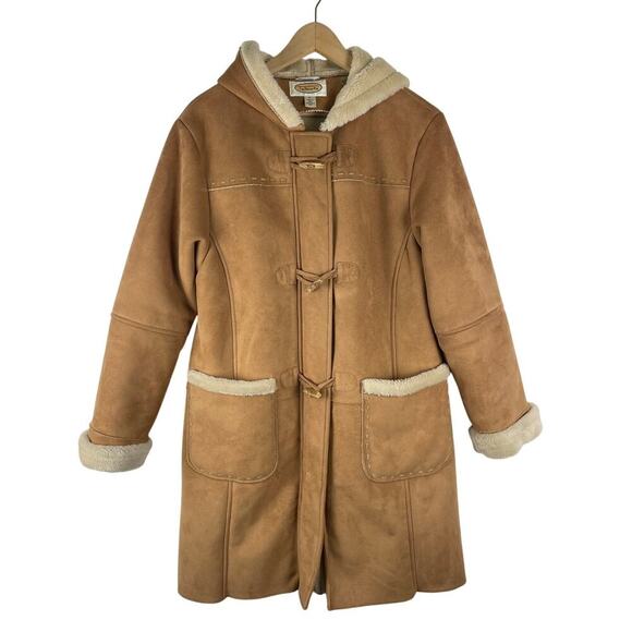 Talbots Camel Faux Suede Shearling Hooded Coat Penny Lane Jacket Women's Medium - Picture 1 of 12